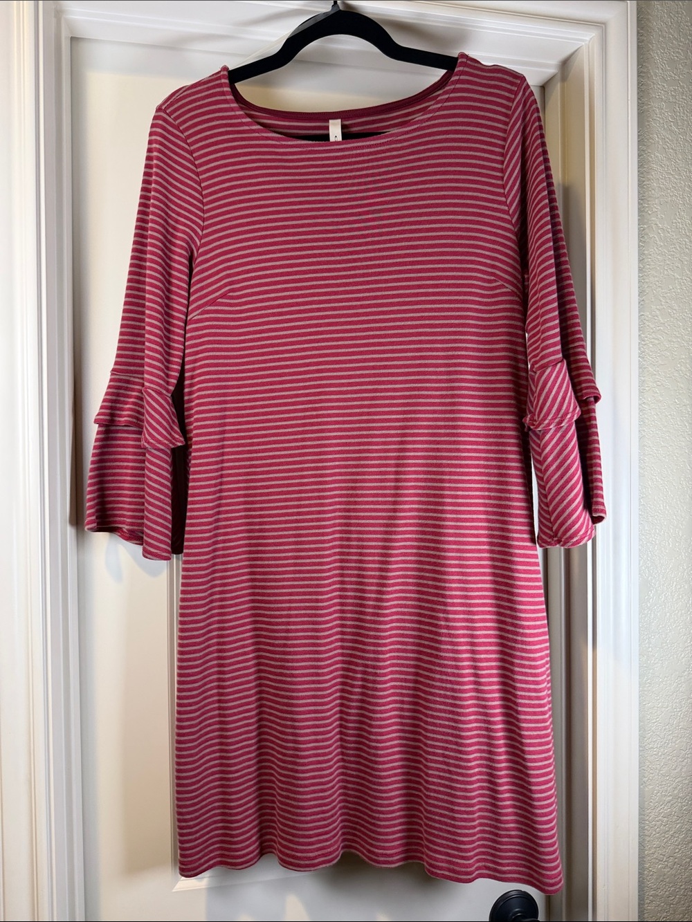 Gilli - Maroon and Gray Striped Ruffle Sleeve Knit Dress - Size L